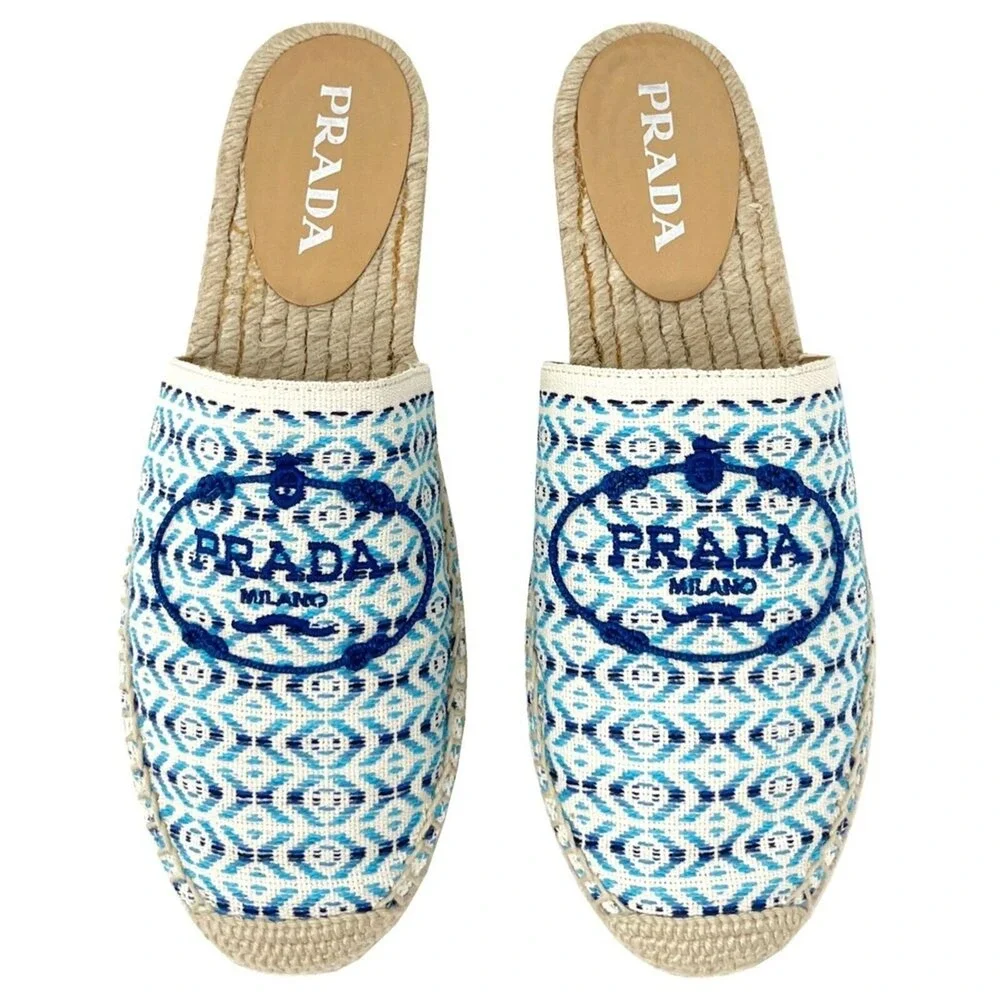Prada Blue Embroidered Logo Pattern‎ Espadrille Slides Size 38